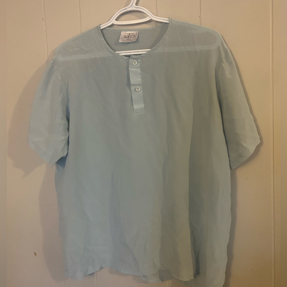 Bocci Italy 100% Silk Light Blue Henley Short Sleeve Blouse Top